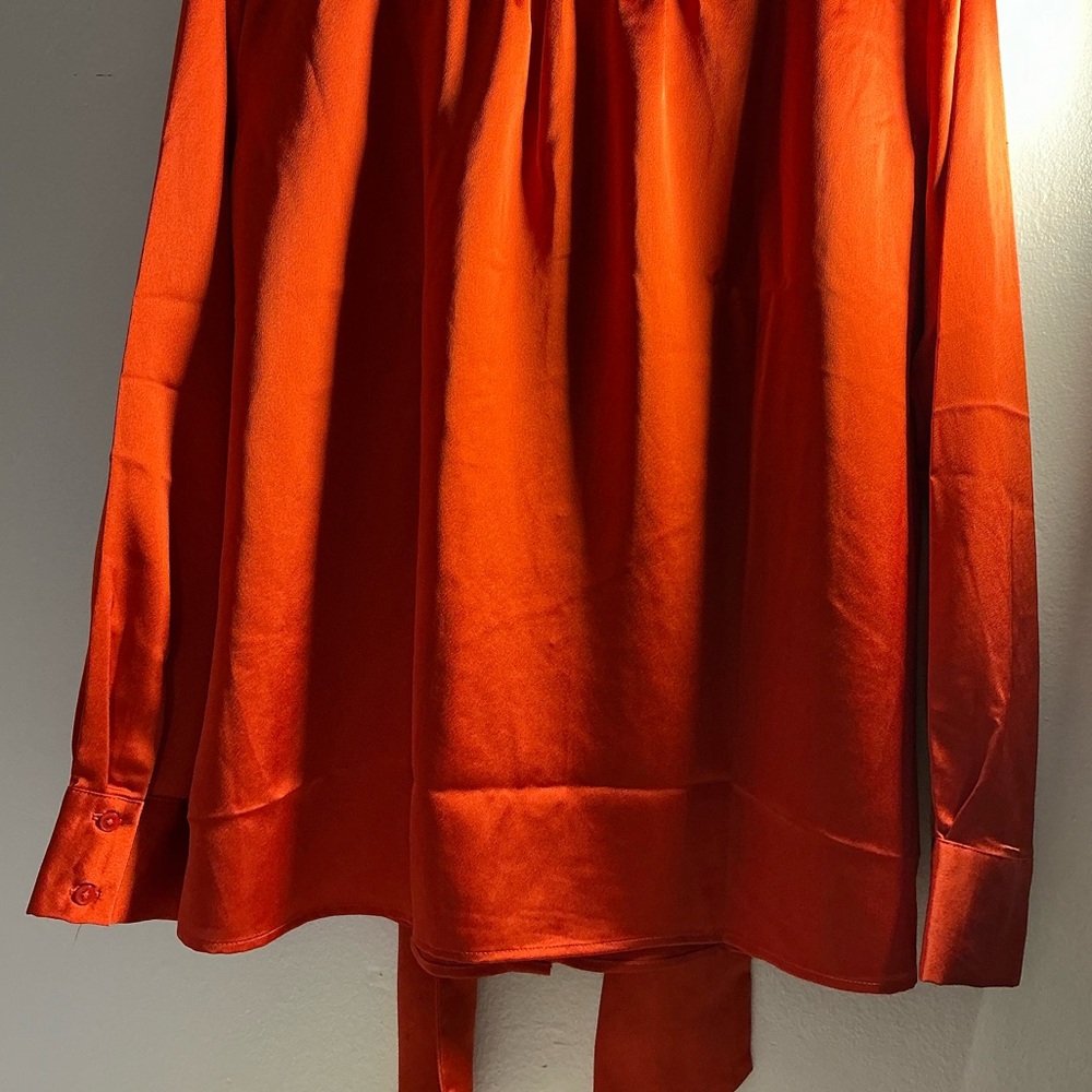 Ann Taylor Vibrant Orange Satin Blouse with Neck Tie - Picture 6 of 15